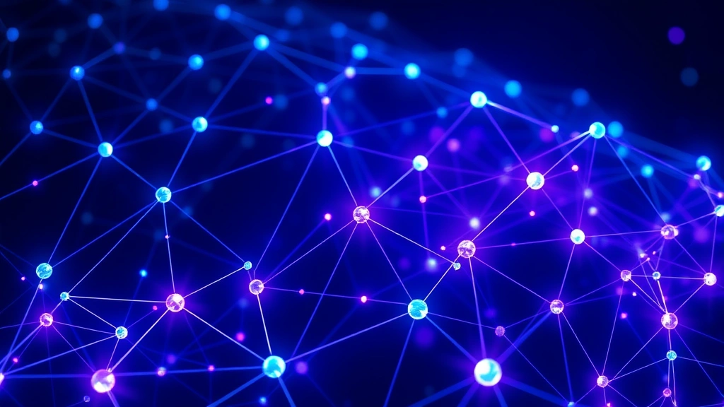 Digital representation of blockchain network nodes interconnected in three-dimensional space, glowing blue and purple colors, abstract technology visualization of Bitcoin ecosystem