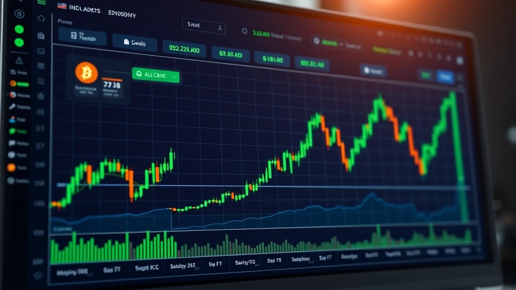 Photorealistic image of a modern trading dashboard showing cryptocurrency market data with ascending green candlestick charts, representing bitcoin price analysis and market dynamics