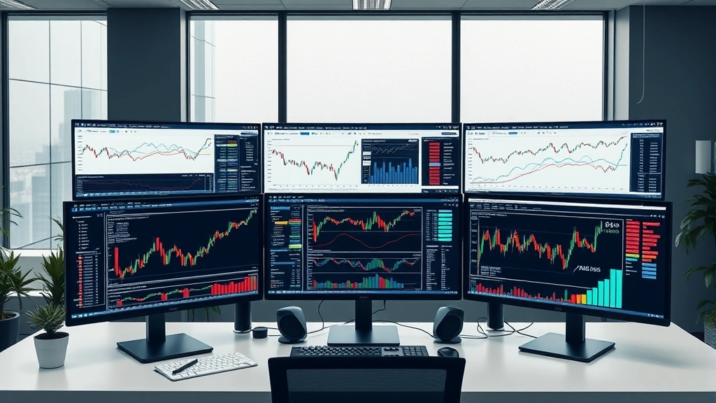 Professional financial analyst workspace with multiple monitors displaying cryptocurrency charts and data visualization, modern office setting, representing institutional Bitcoin valuation approaches
