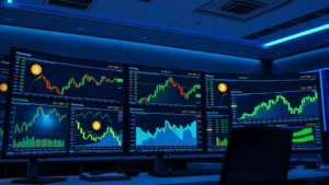 Photorealistic image of a sleek cryptocurrency trading dashboard displaying Bitcoin price charts and market data on multiple screens in a modern financial office environment with blue and green accent lighting, no text or ticker symbols visible