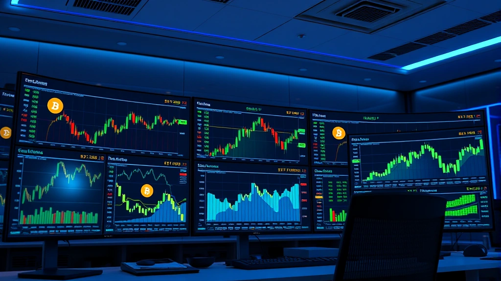 Photorealistic image of a sleek cryptocurrency trading dashboard displaying Bitcoin price charts and market data on multiple screens in a modern financial office environment with blue and green accent lighting, no text or ticker symbols visible