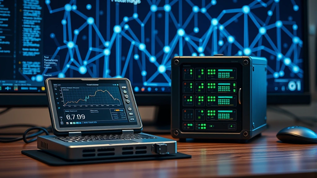 Photorealistic photograph of a secure hardware wallet device and cold storage setup on a desk with blockchain network visualization in the background, professional lighting, no visible text or labels