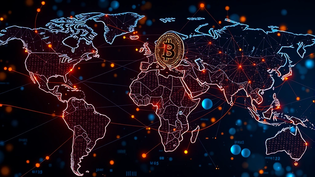 Photorealistic image of a global financial network visualization showing interconnected nodes and data streams representing Bitcoin blockchain transactions across continents, modern digital aesthetic, no readable text