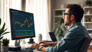 Photorealistic image of a person analyzing Bitcoin charts on a modern computer screen in a bright home office, showing concentration and careful decision-making, warm lighting, no text visible