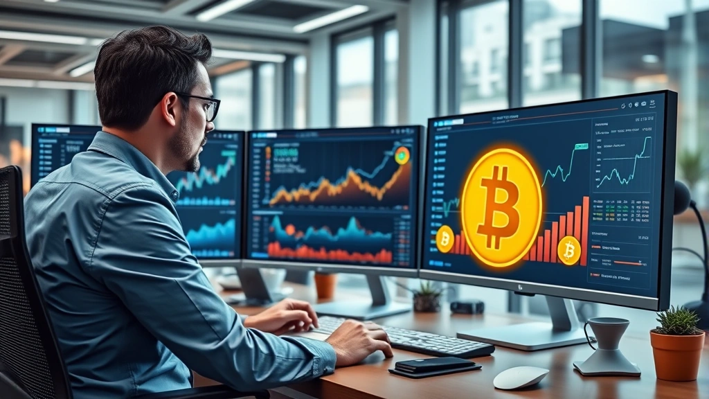 Photorealistic image of a financial advisor reviewing a portfolio dashboard with Bitcoin charts on multiple monitors in a modern office, showing growth graphs and digital currency symbols