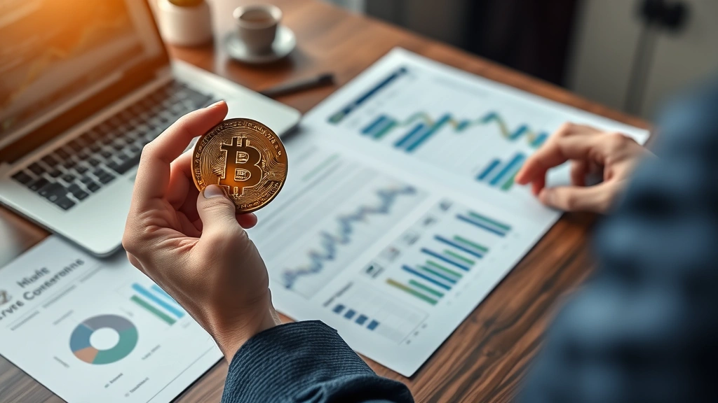Photorealistic image of a person holding a physical Bitcoin coin while reviewing investment documents and charts on a desk with a laptop, representing cryptocurrency investment decision-making