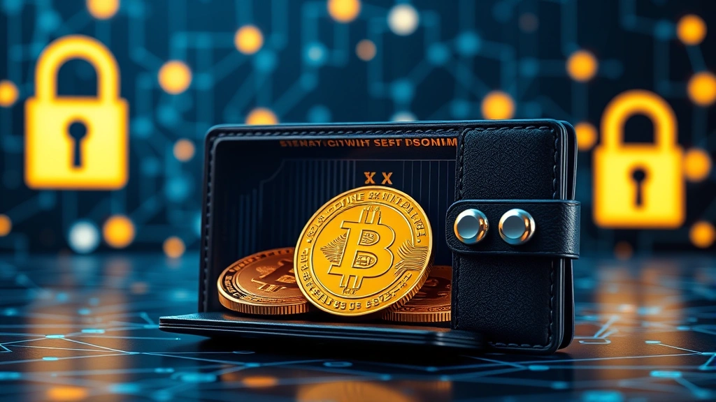 Photorealistic image of a digital wallet interface displaying Bitcoin holdings with security elements like padlocks and blockchain network nodes glowing in background, symbolizing secure crypto investment management