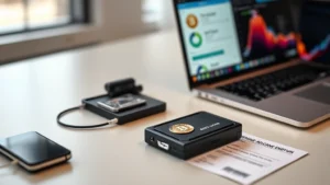 Hardware cryptocurrency wallet device on minimalist desk with laptop displaying wallet interface, showing seed phrase backup card and security documentation, professional photography