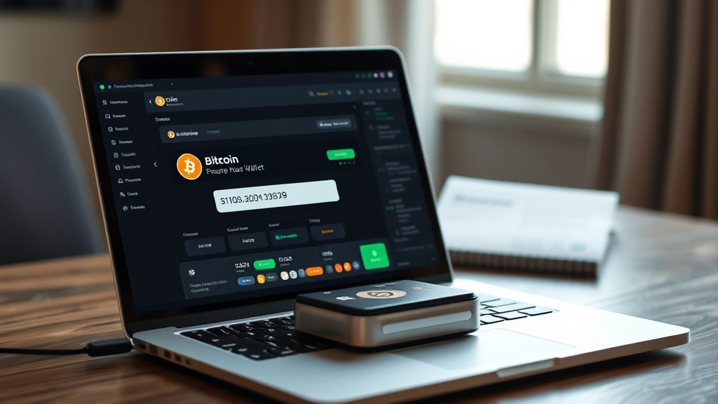 Secure hardware wallet setup with privacy-focused laptop, displaying cryptocurrency wallet interface with Bitcoin address generation process and encryption indicators