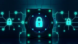 Digital representation of a secure cryptocurrency vault with glowing blockchain connections and padlock symbols, modern minimalist design, deep blues and greens, no text or numbers, photorealistic 3D rendering