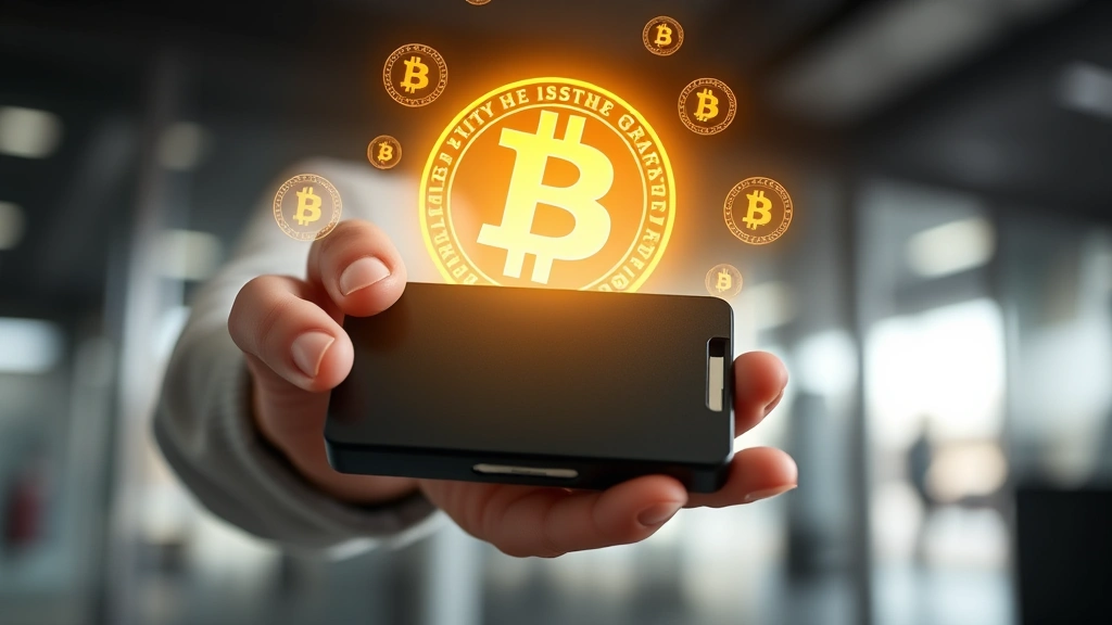 Person holding a hardware wallet device with holographic Bitcoin symbols floating around it, modern secure environment, soft lighting, professional photography style, cryptocurrency security concept, no visible text