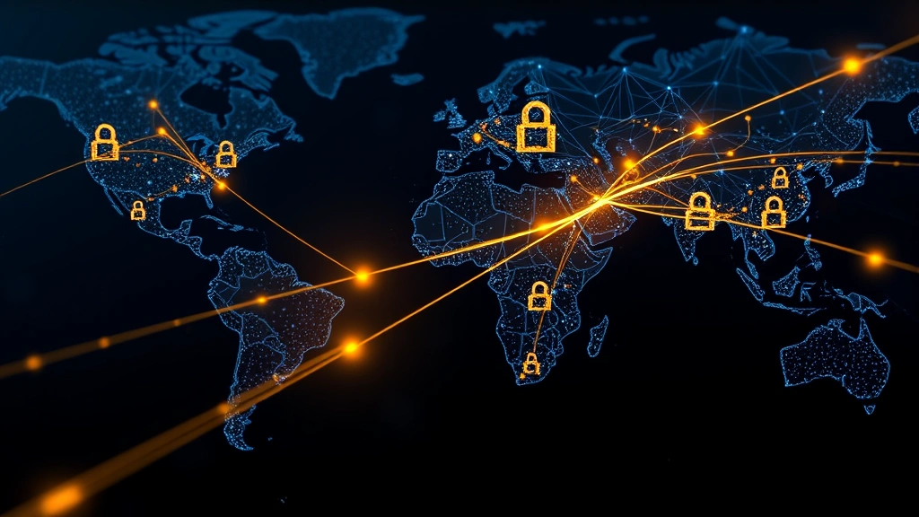 Abstract visualization of a global network of secure nodes connected by light trails, representing decentralized Bitcoin transactions, dark background with blue and gold accents, photorealistic digital art, no labels or text overlay