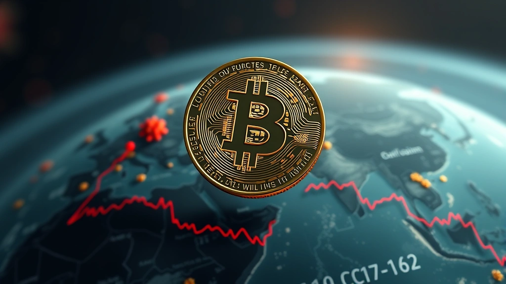 Photorealistic image of a digital Bitcoin coin suspended above a globe showing pandemic-era lockdown cities with muted colors and economic indicators declining, representing the initial market shock and cryptocurrency volatility during COVID-19 outbreak