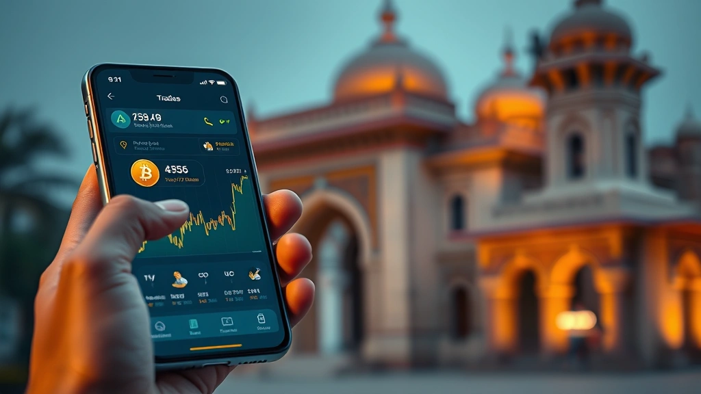 Photorealistic photograph of a person using smartphone with cryptocurrency trading interface visible, Indian architectural elements subtly in background, secure digital transaction concept, clean modern lighting, no text