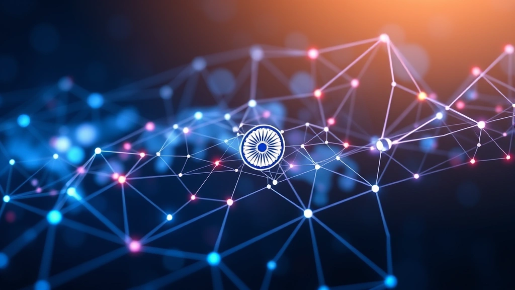 Photorealistic image showing digital blockchain network connections with Indian flag colors subtly integrated, representing regulatory framework and compliance, abstract tech concept, no visible text or charts