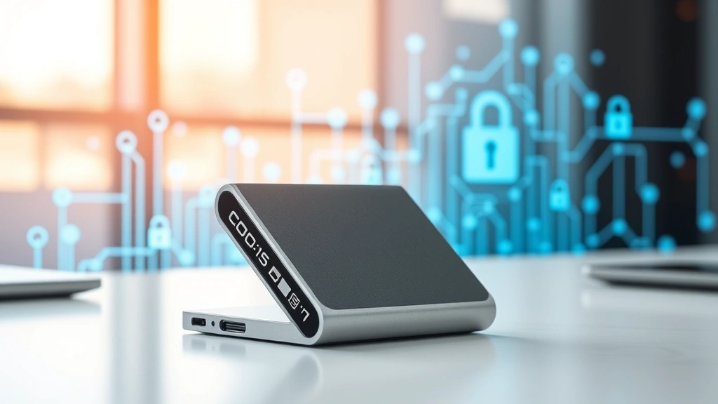 A sleek hardware cryptocurrency wallet device displayed on a modern desk with blockchain visualization in the background, showing security padlock symbols and digital encryption elements in soft blue and silver tones