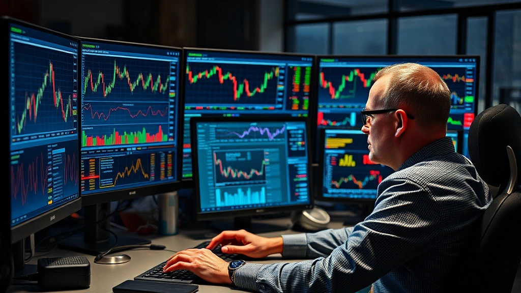 Photorealistic image of a professional trader analyzing inverse financial instruments with multiple monitors displaying real-time market movements, candlestick patterns, and portfolio management dashboards