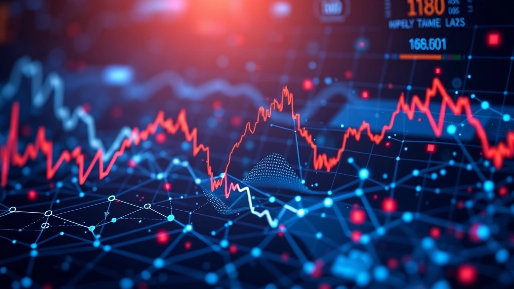 Photorealistic image of cryptocurrency market volatility visualization with abstract digital elements showing downward trending patterns, blockchain network nodes, and bearish market sentiment indicators