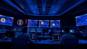 Modern cryptocurrency trading floor with multiple screens displaying Bitcoin blockchain networks and transaction flows, professional traders monitoring digital assets, sleek minimalist design with blue and silver tones, no text visible