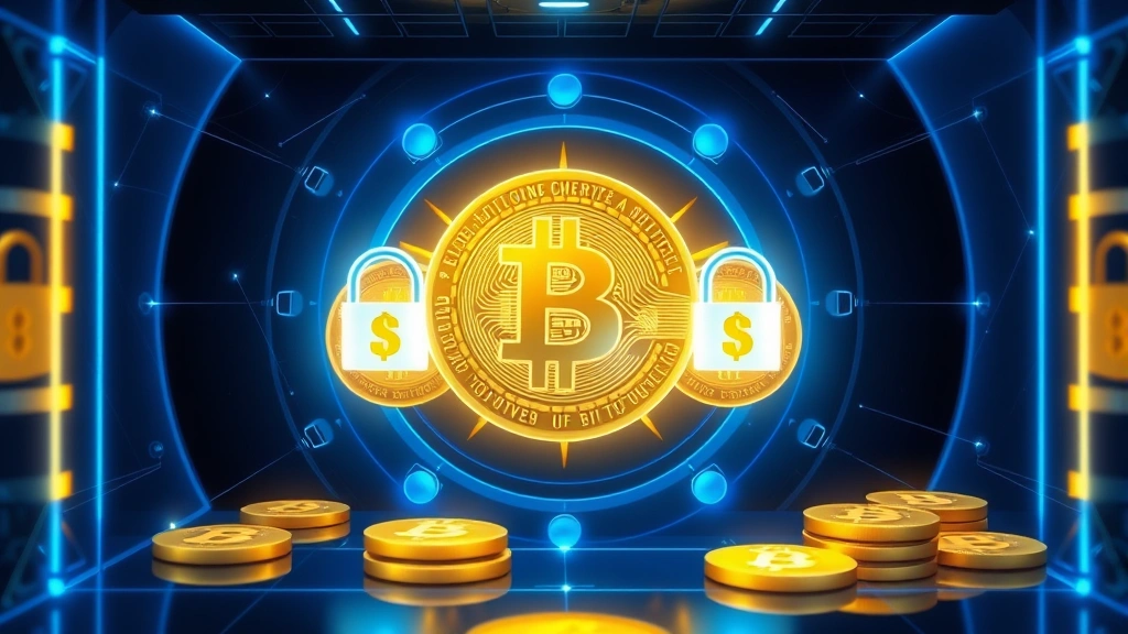 Digital representation of secure Bitcoin vault or custody system, glowing blue encryption locks protecting golden Bitcoin coins in abstract geometric space, professional financial security imagery, no labels or text