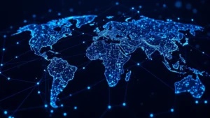 Bitcoin blockchain network visualization with interconnected nodes spreading across globe, showing data transmission and network activity in futuristic digital aesthetic, deep blues and cyans