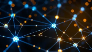Cryptocurrency blockchain network visualization showing interconnected nodes glowing with blue and gold light, representing Bitcoin's decentralized security infrastructure and network resilience