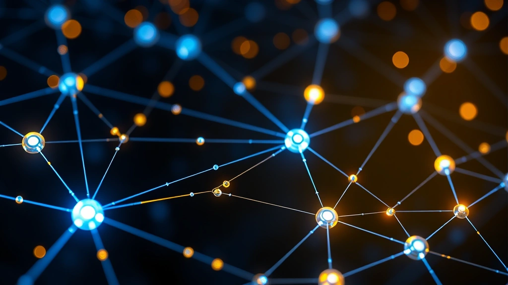 Cryptocurrency blockchain network visualization showing interconnected nodes glowing with blue and gold light, representing Bitcoin's decentralized security infrastructure and network resilience