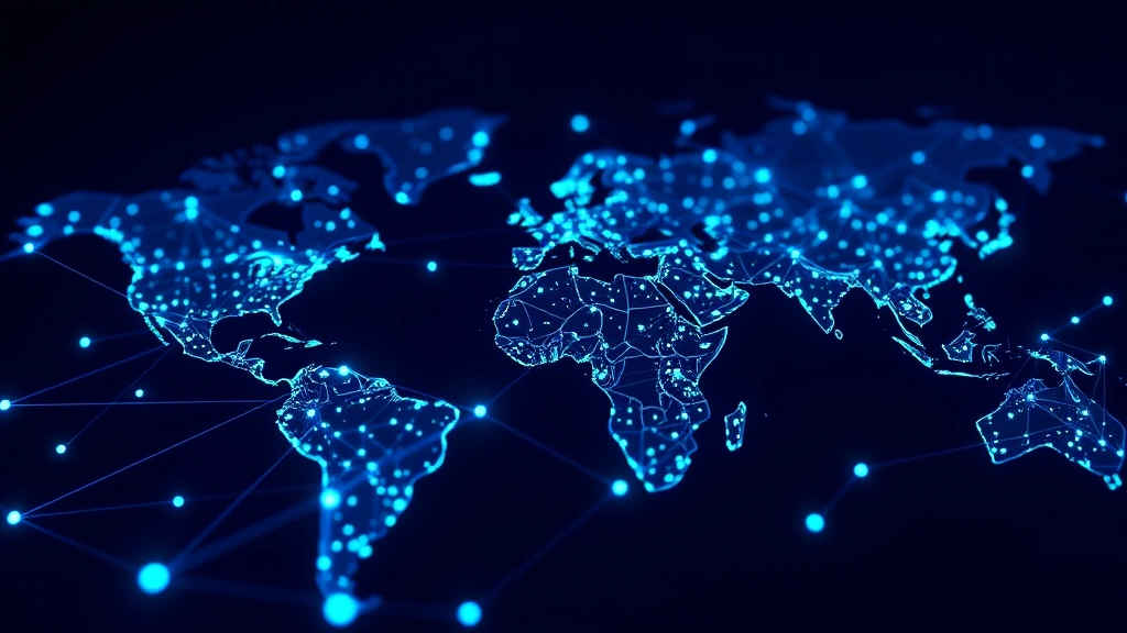 Blockchain network visualization with interconnected nodes glowing in blue and green, representing distributed Bitcoin network security and decentralization across global map