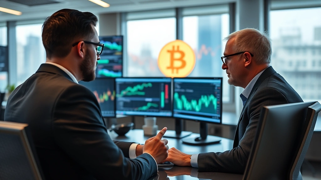 Institutional investors in modern office environment reviewing Bitcoin market data on multiple screens, professional setting emphasizing mainstream finance adoption and legitimacy