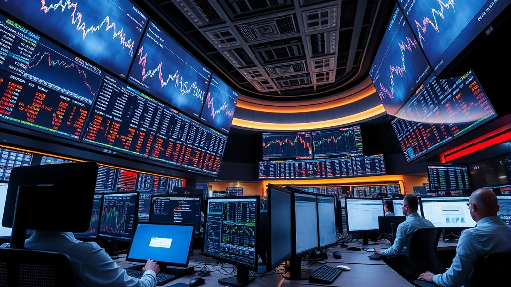 Modern cryptocurrency exchange trading floor with multiple screens displaying market data, traders monitoring positions, institutional investment infrastructure supporting digital assets