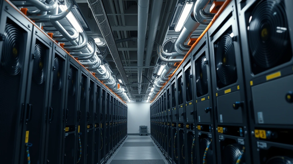 Mining facility interior showing rows of ASIC mining equipment with cooling systems, representing Bitcoin proof-of-work security infrastructure and computational power