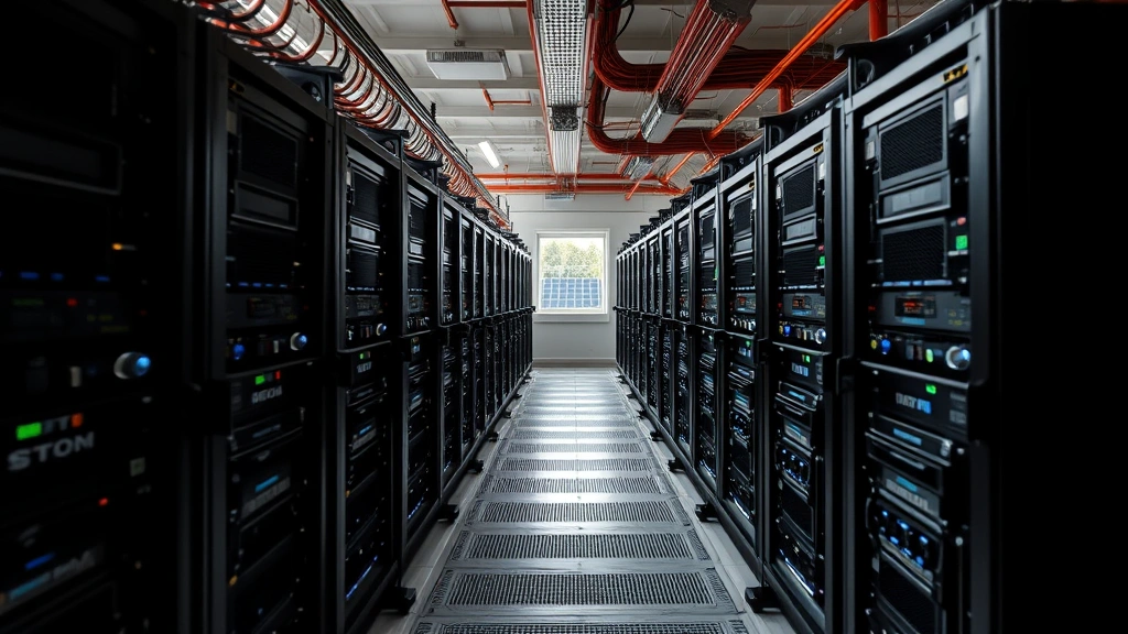 Bitcoin mining operation with rows of ASIC mining equipment powered by renewable energy sources like solar panels visible through windows, industrial cryptocurrency mining facility