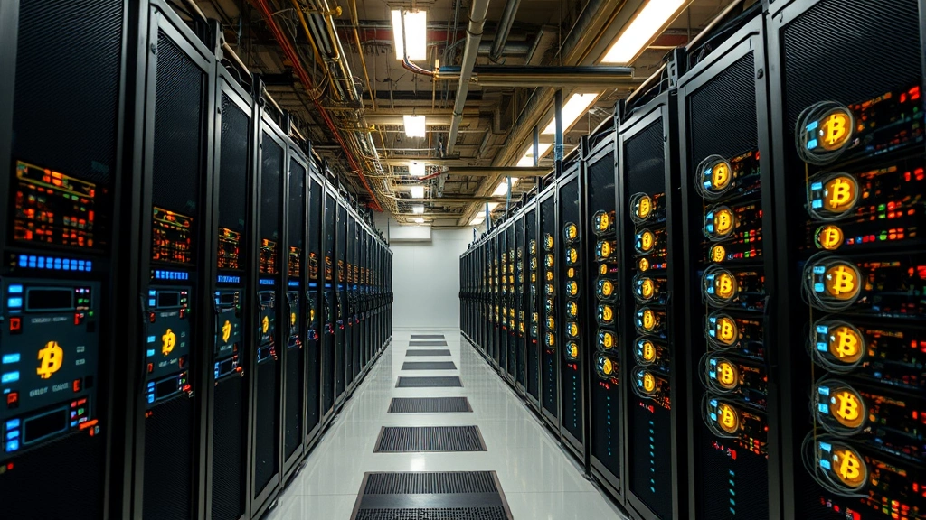 Bitcoin mining operation with rows of specialized computing hardware illuminated in an industrial facility, demonstrating the computational power and infrastructure securing the Bitcoin network