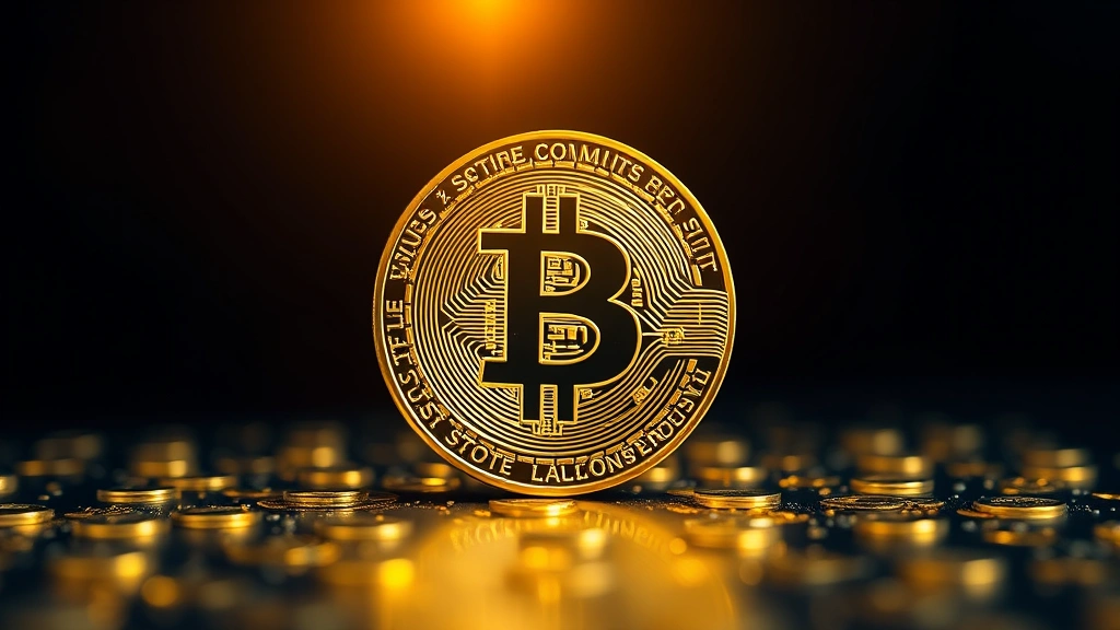 Bitcoin physical representation as golden coin reflecting light, symbolizing store of value proposition and digital gold narrative with dark background