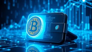 Futuristic digital wallet displaying Bitcoin symbol glowing in blue light, holographic blockchain network visualization in background, secure encryption elements, professional high-tech aesthetic
