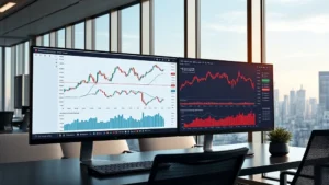 Photorealistic image of a sleek cryptocurrency trading dashboard displaying Bitcoin charts and market data on modern computer monitors in a professional office environment with city skyline visible through windows
