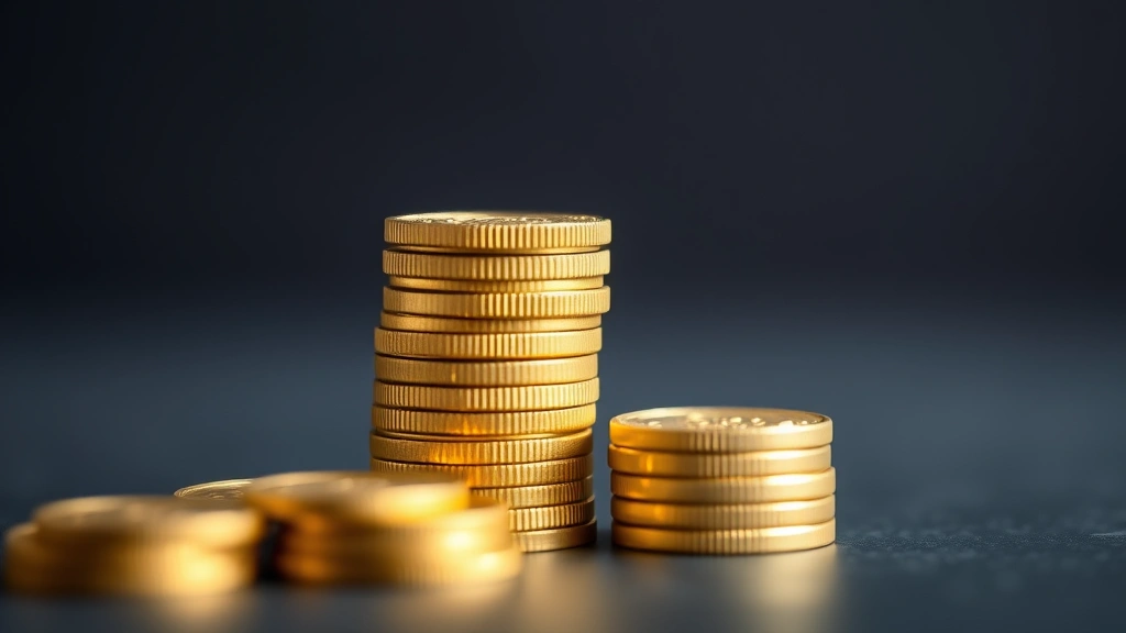 Stacked physical gold and digital cryptocurrency coins transitioning from traditional to digital, wealth preservation concept, modern minimalist composition with depth of field