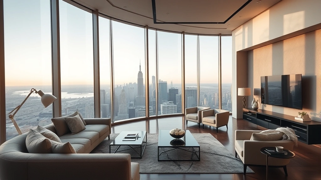 Photorealistic photograph of a luxury penthouse living room with modern furniture, floor-to-ceiling windows overlooking a city, representing high-net-worth lifestyle and wealth management