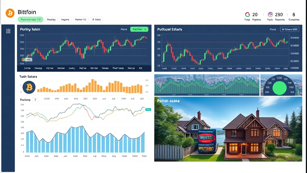 Diverse portfolio dashboard showing Bitcoin candlestick charts alongside traditional stock graphs and real estate imagery, balanced wealth allocation visualization, professional financial interface