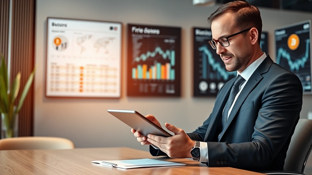 Photorealistic image of a professional financial advisor in business attire reviewing digital portfolio documents on a tablet device in a modern office setting with cryptocurrency-related wall displays