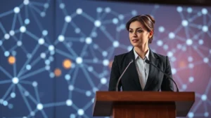 Photorealistic image of a professional woman in business attire at a podium with a digital blockchain network visualization in the soft-focus background, representing cryptocurrency policy discussion