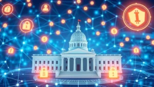 Digital representation of government regulation and cryptocurrency oversight, showing interconnected blockchain networks with official government buildings and security symbols, photorealistic style