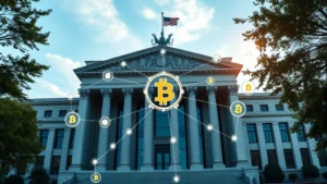 Photorealistic image of a modern government building with digital blockchain visualization overlaying the architecture, showing interconnected nodes and Bitcoin symbols in holographic style, professional atmosphere