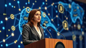 Professional woman in business attire speaking at a podium with financial technology graphics and blockchain networks glowing in the background, modern government setting