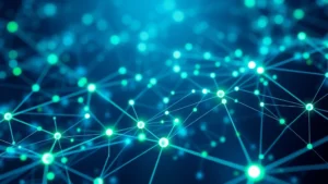 Digital currency technology visualization with blockchain nodes and cryptographic connections, futuristic blue and green lighting, abstract network patterns representing Bitcoin protocol architecture, no text overlays