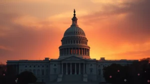 Photorealistic image of U.S. Capitol building at sunset with digital blockchain nodes and Bitcoin symbols subtly integrated into the architecture, representing political influence on cryptocurrency