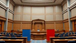 Photorealistic image of a modern legislative chamber with blue and red voting buttons, representing Democratic and Republican policy debate on cryptocurrency regulation and blockchain technology oversight