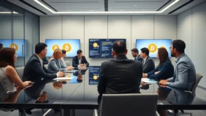 Modern cryptocurrency conference room with diverse professionals discussing blockchain technology at a polished table with Bitcoin symbols visible on screens in the background, professional business attire, neutral lighting