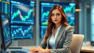 Professional woman in business attire at desk with digital screens showing cryptocurrency charts and blockchain network visualizations in background, modern government office setting, serious expression focused on technology