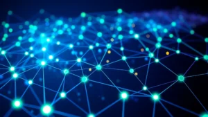 A vibrant digital blockchain network visualization showing interconnected nodes, cryptographic nodes glowing in blue and green, representing decentralized financial infrastructure without any text or symbols